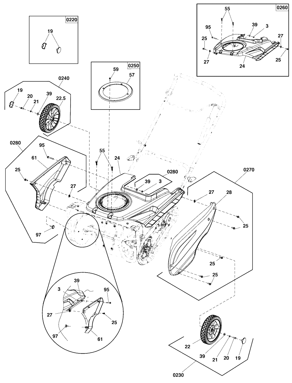 Wheel And Body Covering Group Diagram and Parts List for SS22R (1697349-01)(2020) Briggs and Stratton Snow Blower